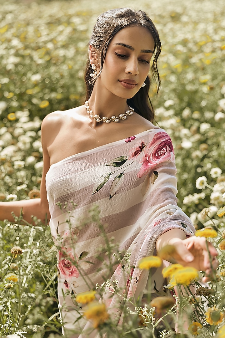 Lavender Chiffon Floral Printed Party Wear Saree Set by Studio 113 at Pernia's Pop Up Shop