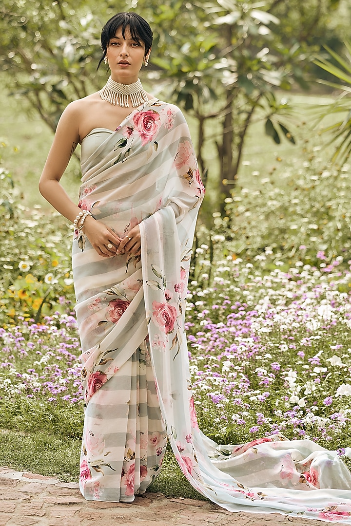 Pearl Blue Chiffon Floral Printed Party Wear Saree Set by Studio 113 at Pernia's Pop Up Shop