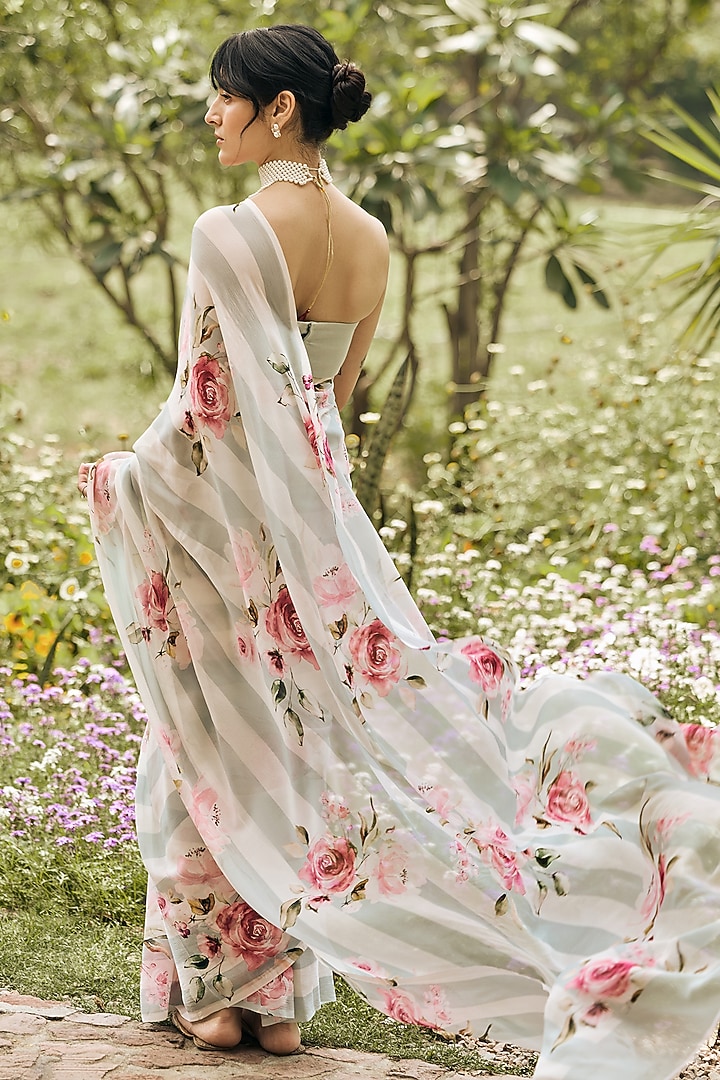 Pearl Blue Chiffon Floral Printed Party Wear Saree Set by Studio 113 at Pernia's Pop Up Shop