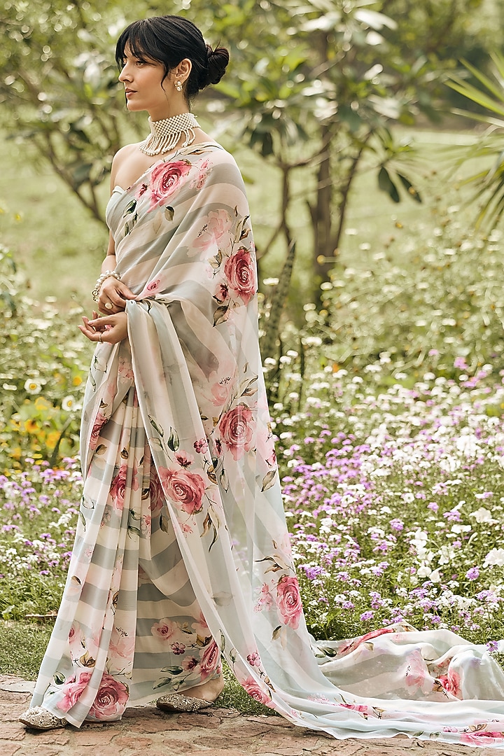 Pearl Blue Chiffon Floral Printed Party Wear Saree Set by Studio 113 at Pernia's Pop Up Shop