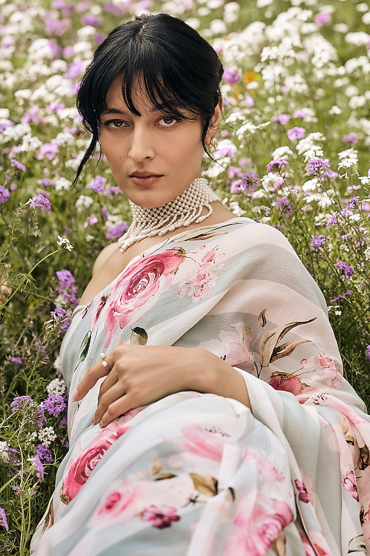 Pearl Blue Chiffon Floral Printed Party Wear Saree Set by Studio 113 at Pernia's Pop Up Shop