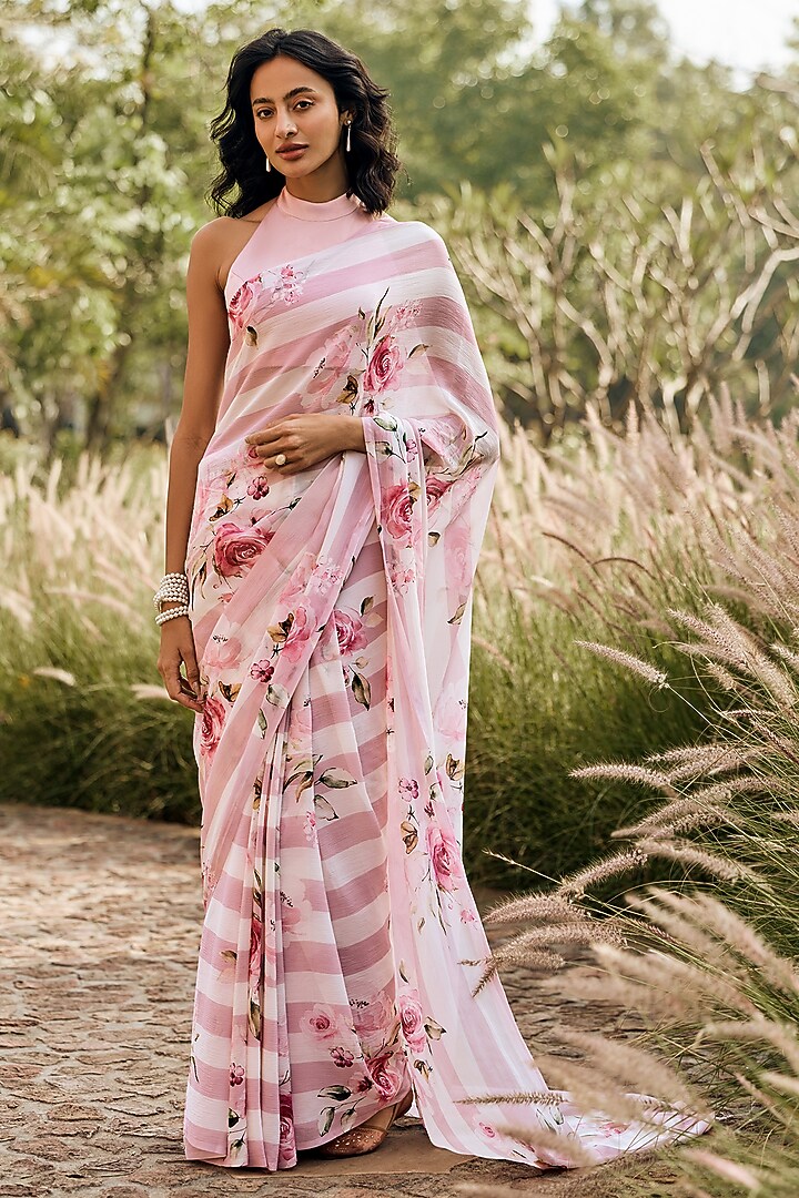 Old Rose Chiffon Floral Printed Party Wear Saree Set by Studio 113 at Pernia's Pop Up Shop