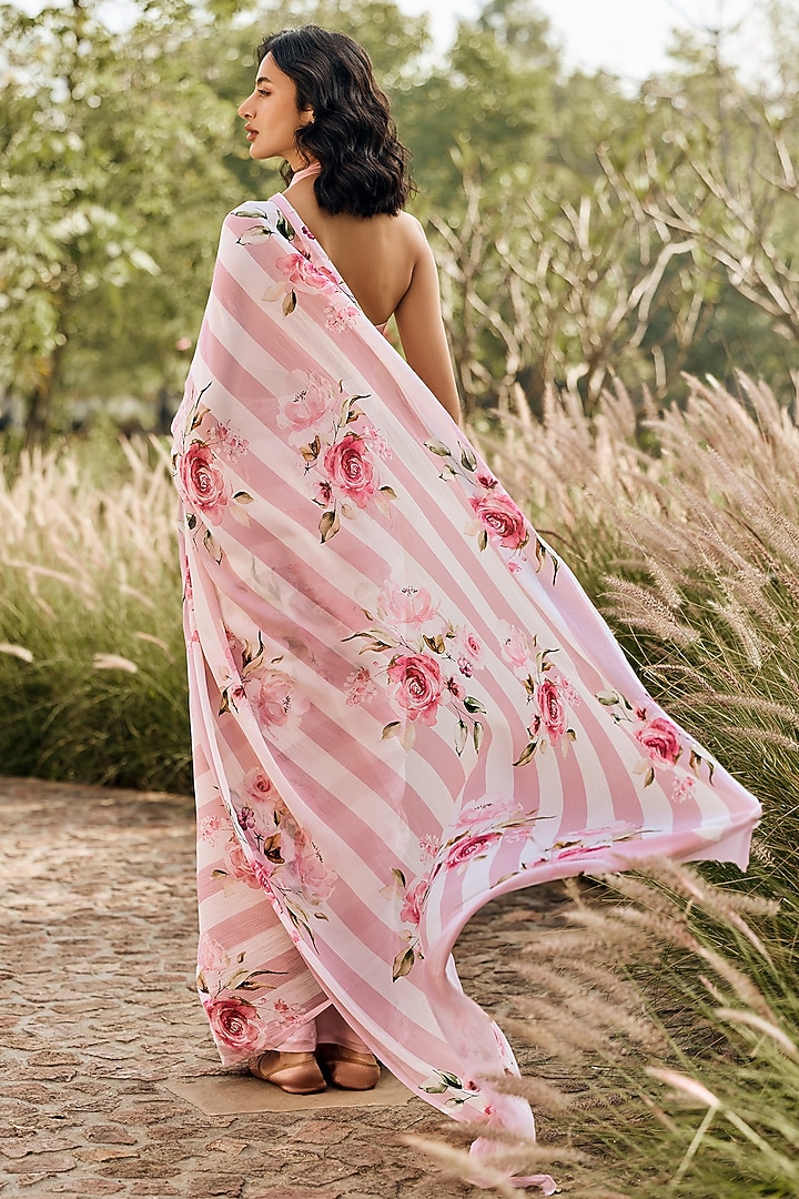 Old Rose Chiffon Floral Printed Party Wear Saree Set by Studio 113 at Pernia's Pop Up Shop