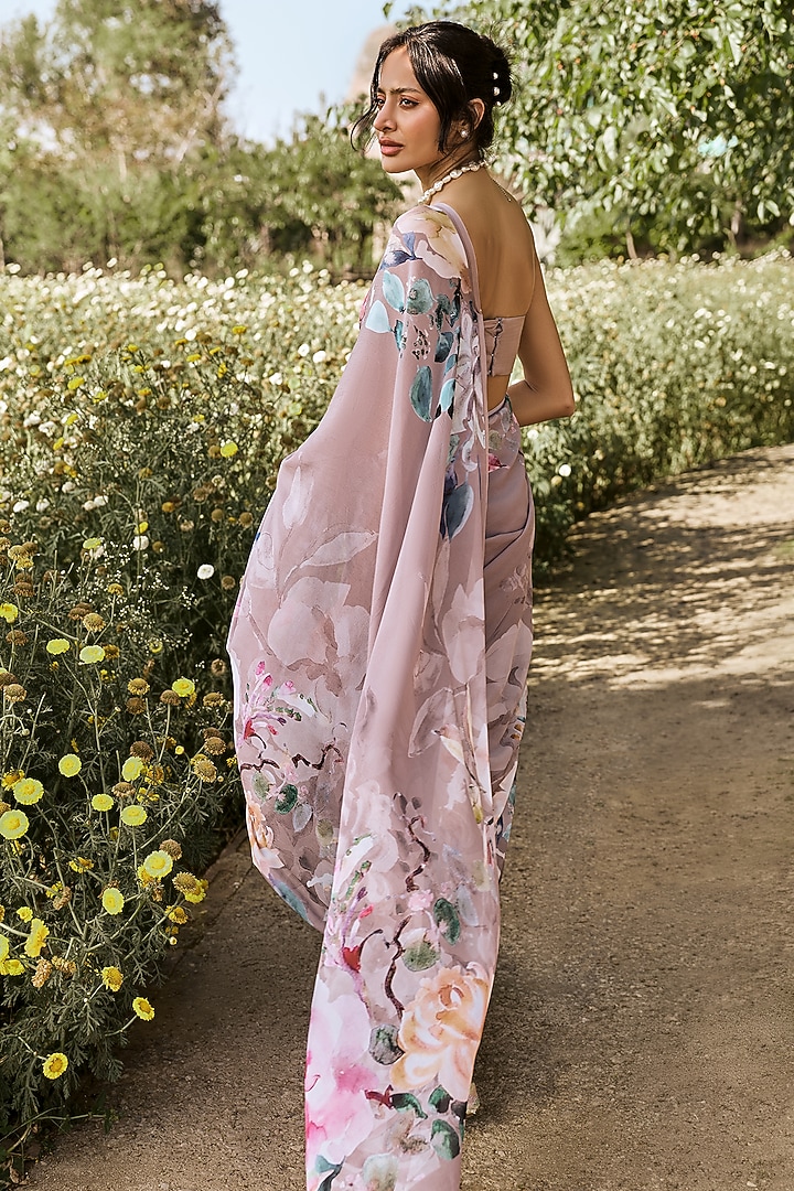 Lavender Chiffon Floral Printed Party Wear Saree by Studio 113 at Pernia's Pop Up Shop