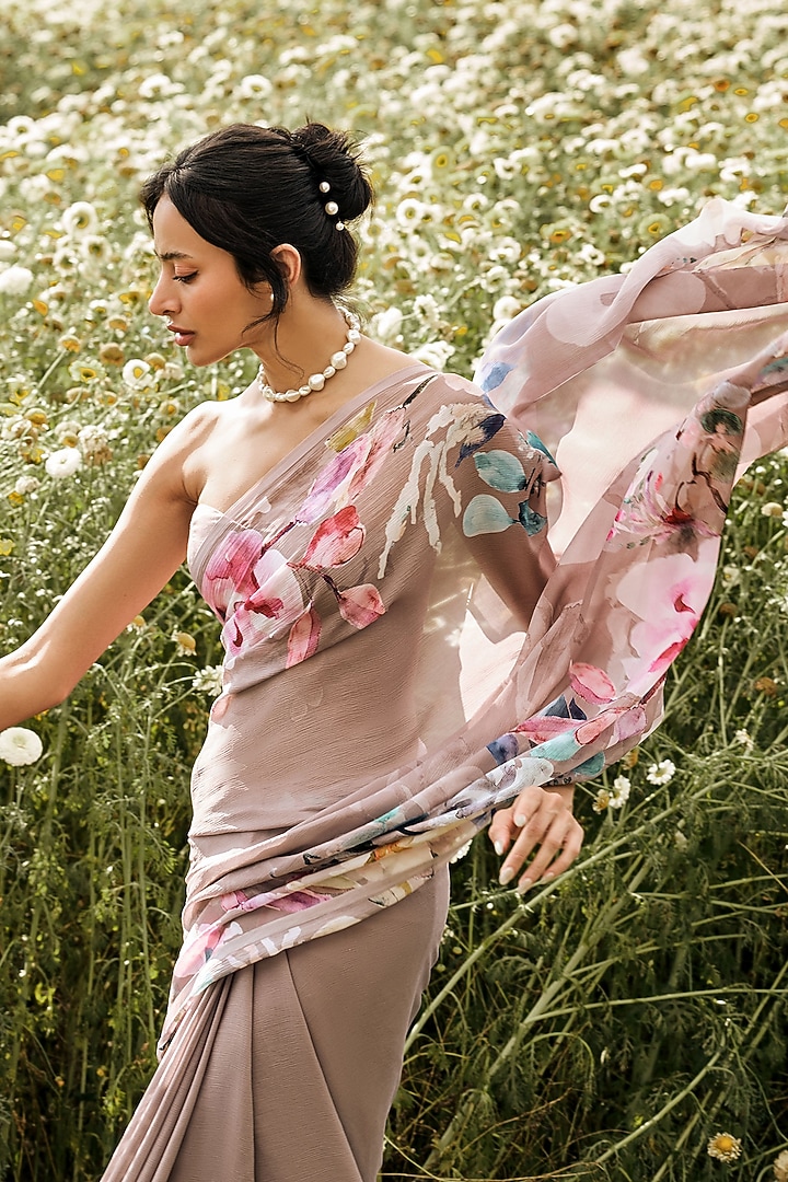 Lavender Chiffon Floral Printed Party Wear Saree by Studio 113 at Pernia's Pop Up Shop
