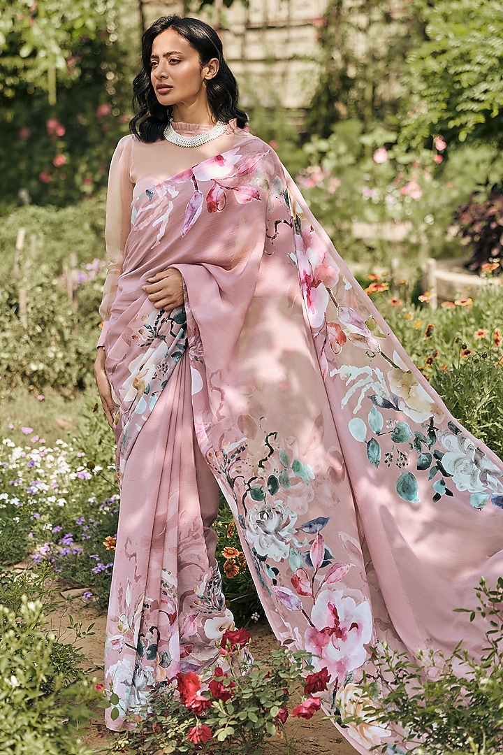 Old Rose Chiffon Floral Printed Party Wear Saree by Studio 113 at Pernia's Pop Up Shop