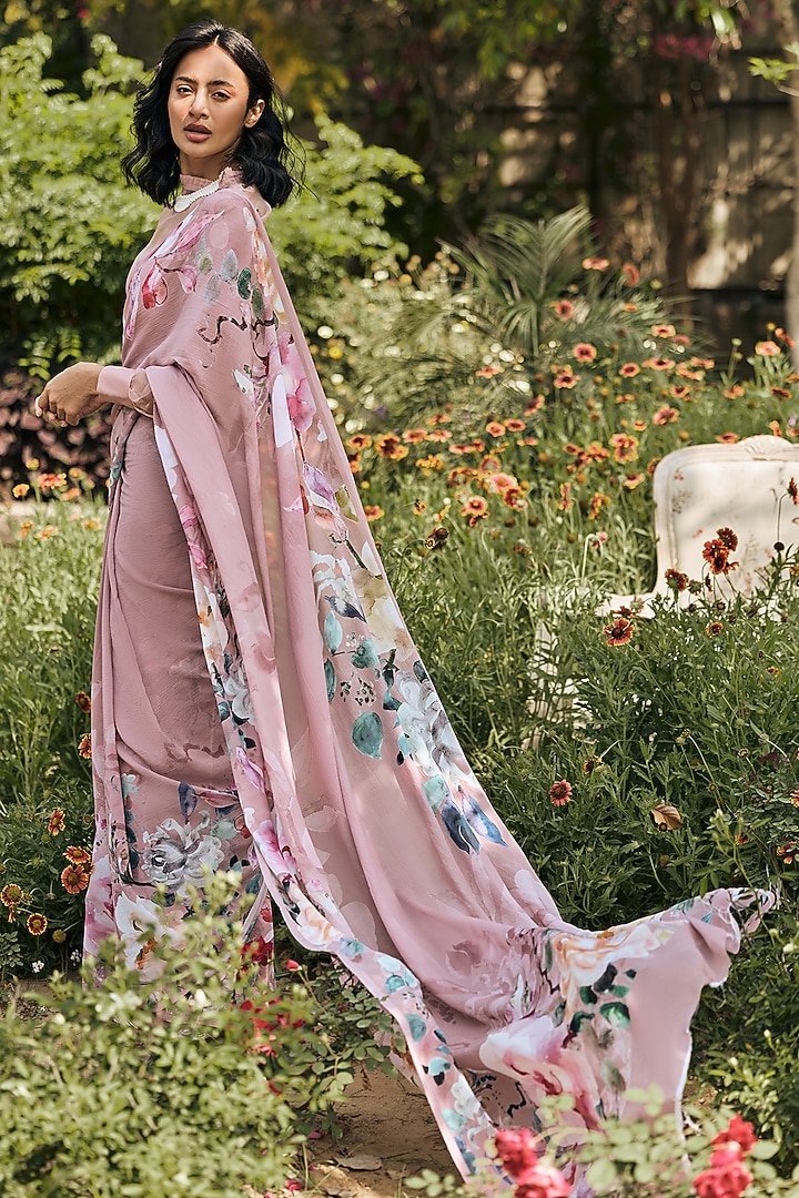 Old Rose Chiffon Floral Printed Party Wear Saree by Studio 113 at Pernia's Pop Up Shop