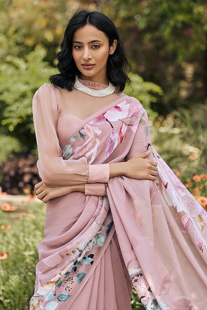 Old Rose Chiffon Floral Printed Party Wear Saree by Studio 113 at Pernia's Pop Up Shop