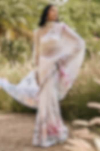 White Chiffon Floral Printed Party Wear Saree by Studio 113 at Pernia's Pop Up Shop
