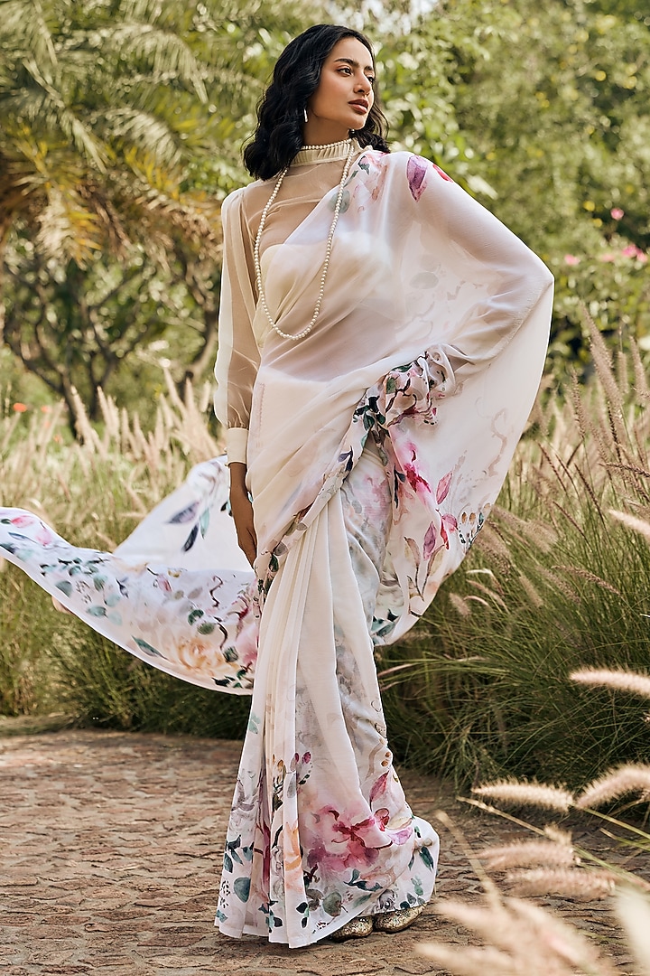 White Chiffon Floral Printed Party Wear Saree by Studio 113 at Pernia's Pop Up Shop