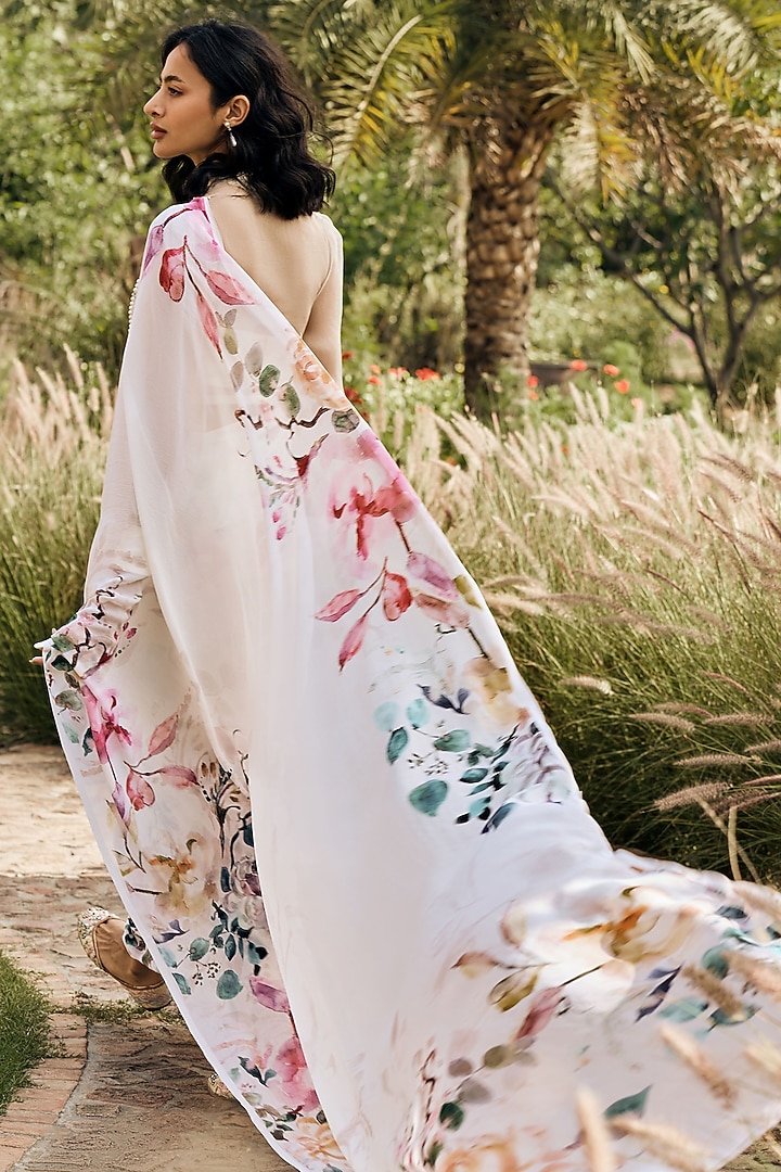 White Chiffon Floral Printed Party Wear Saree by Studio 113 at Pernia's Pop Up Shop