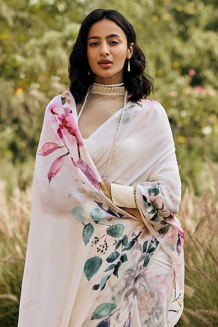 White Chiffon Floral Printed Party Wear Saree by Studio 113 at Pernia's Pop Up Shop