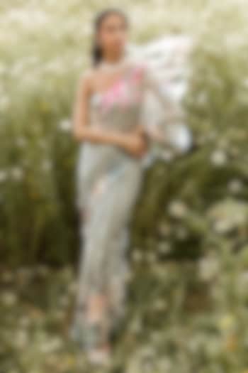 Sage Green Chiffon Floral Printed Party Wear Saree by Studio 113 at Pernia's Pop Up Shop