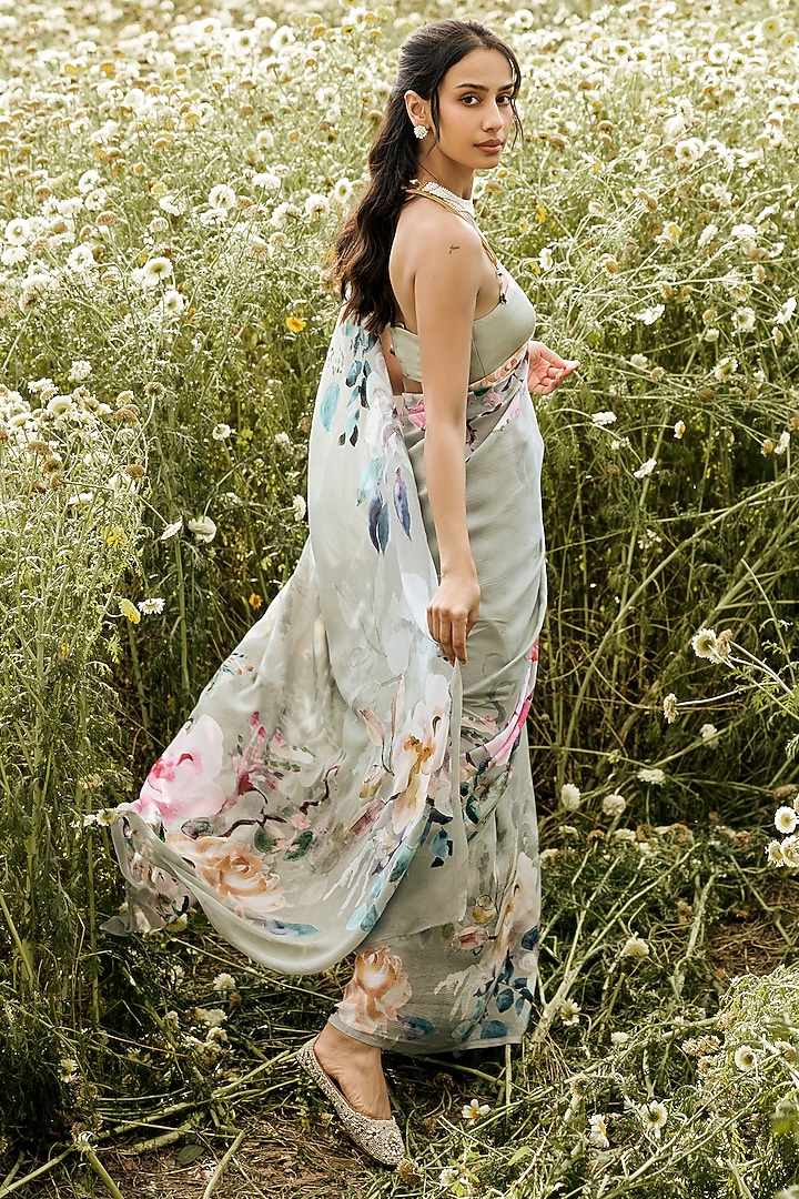 Sage Green Chiffon Floral Printed Party Wear Saree by Studio 113 at Pernia's Pop Up Shop
