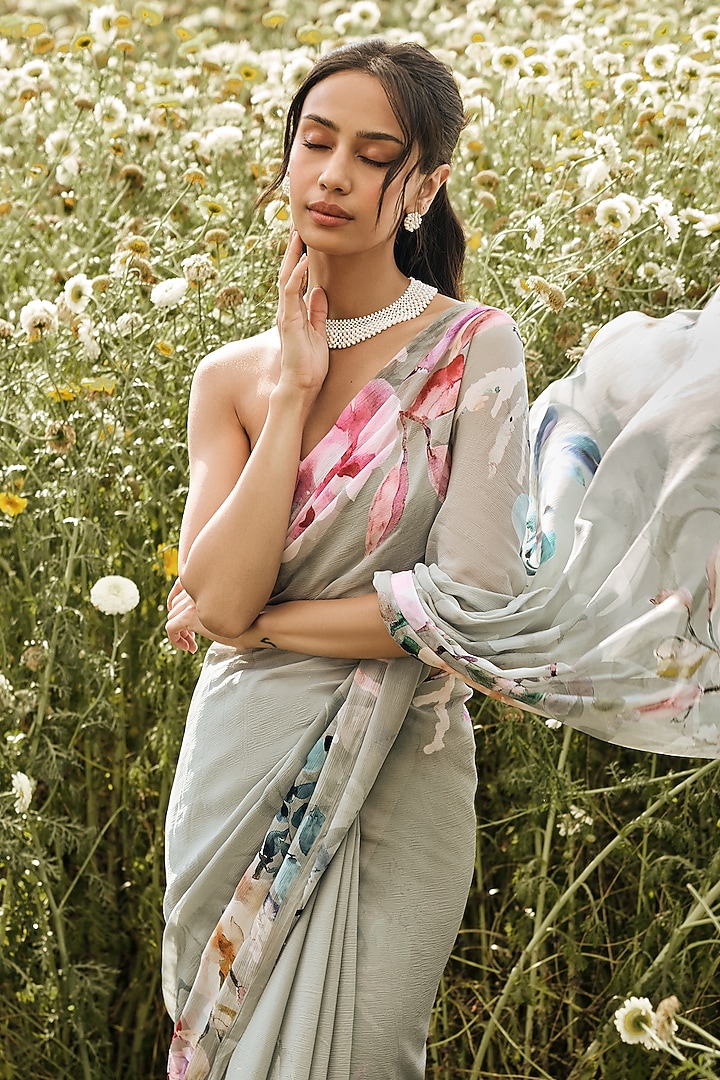 Sage Green Chiffon Floral Printed Party Wear Saree by Studio 113 at Pernia's Pop Up Shop