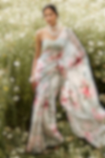 Pearl Blue Chiffon Rose Printed Party Wear Saree Set by Studio 113 at Pernia's Pop Up Shop