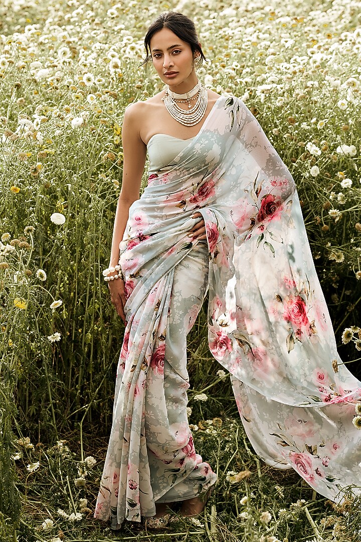 Pearl Blue Chiffon Rose Printed Party Wear Saree Set by Studio 113 at Pernia's Pop Up Shop