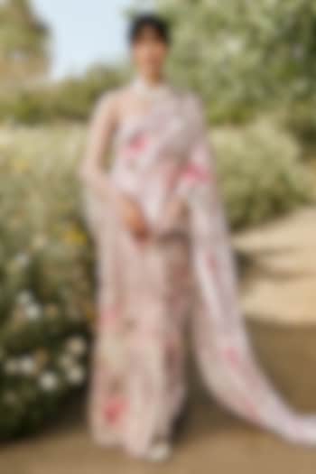 Lavender Chiffon Rose Printed Party Wear Saree Set by Studio 113 at Pernia's Pop Up Shop