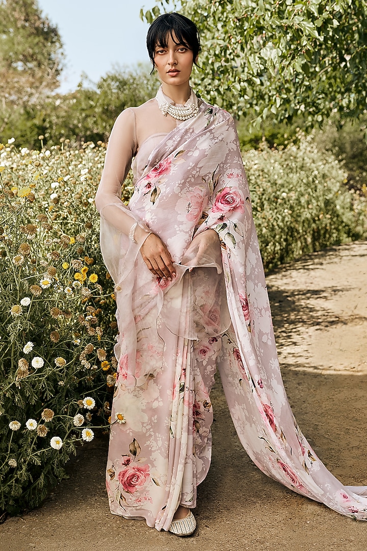 Lavender Chiffon Rose Printed Party Wear Saree Set by Studio 113 at Pernia's Pop Up Shop