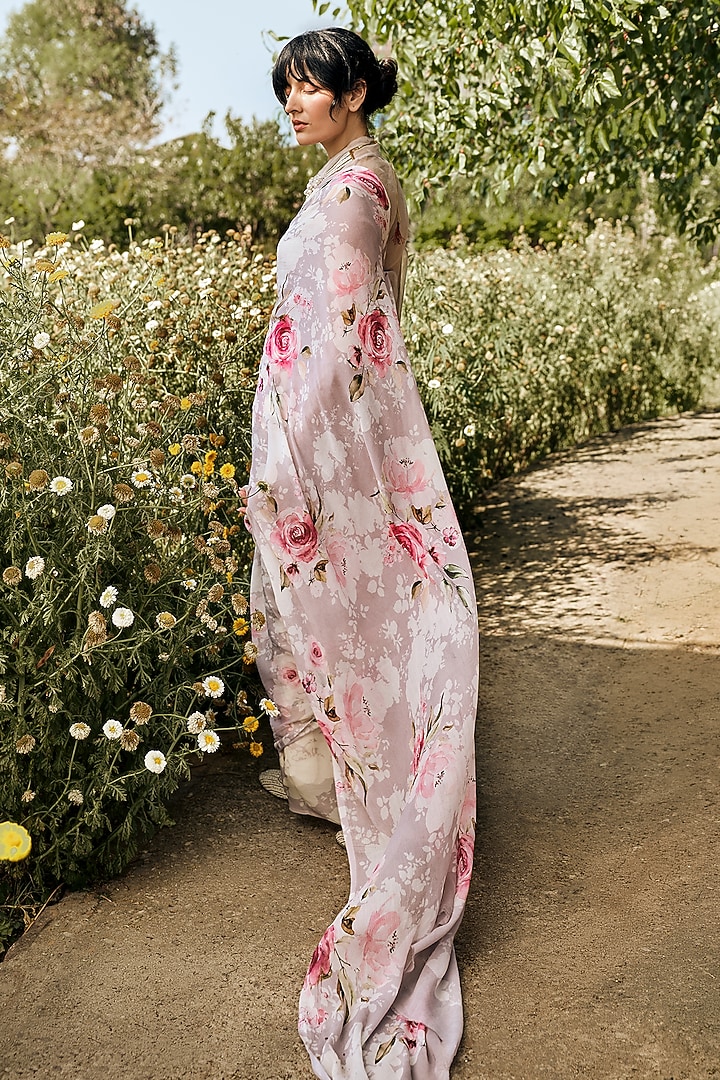 Lavender Chiffon Rose Printed Party Wear Saree Set by Studio 113 at Pernia's Pop Up Shop