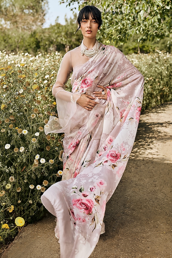 Lavender Chiffon Rose Printed Party Wear Saree Set by Studio 113 at Pernia's Pop Up Shop
