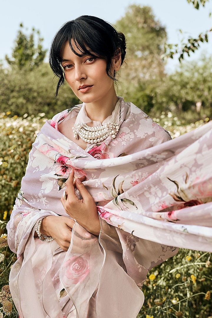 Lavender Chiffon Rose Printed Party Wear Saree Set by Studio 113 at Pernia's Pop Up Shop