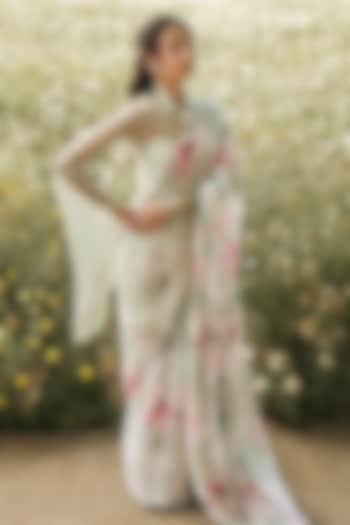 Mint Green Chiffon Rose Printed Party Wear Saree Set by Studio 113 at Pernia's Pop Up Shop