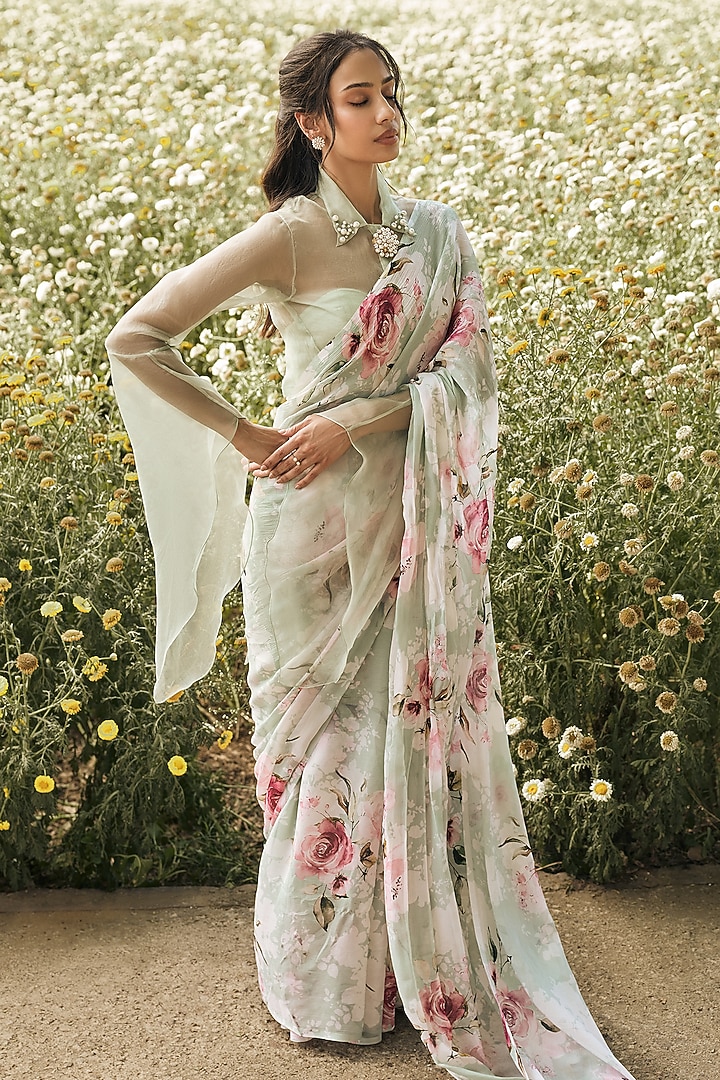 Mint Green Chiffon Rose Printed Party Wear Saree Set by Studio 113 at Pernia's Pop Up Shop