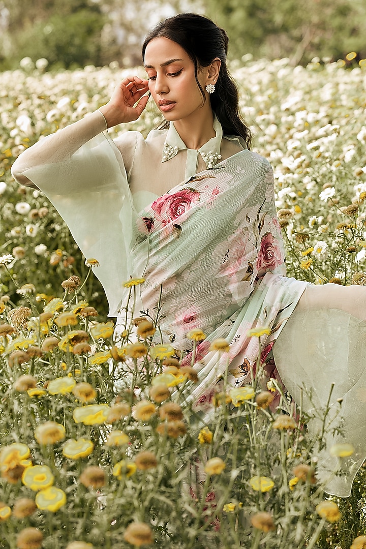 Mint Green Chiffon Rose Printed Party Wear Saree Set by Studio 113 at Pernia's Pop Up Shop