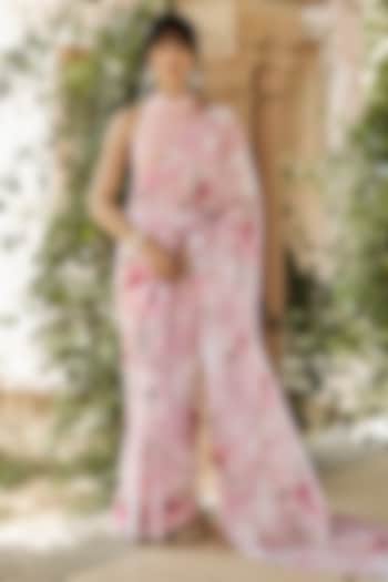 Pink Chiffon Rose Printed Party Wear Saree Set by Studio 113 at Pernia's Pop Up Shop