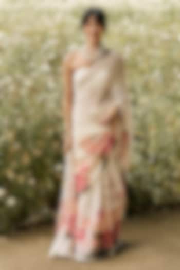 White Chiffon Floral Printed Party Wear Saree Set by Studio 113 at Pernia's Pop Up Shop