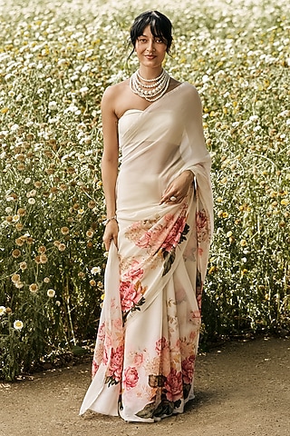 White Chiffon Floral Printed Saree Set by Studio 113