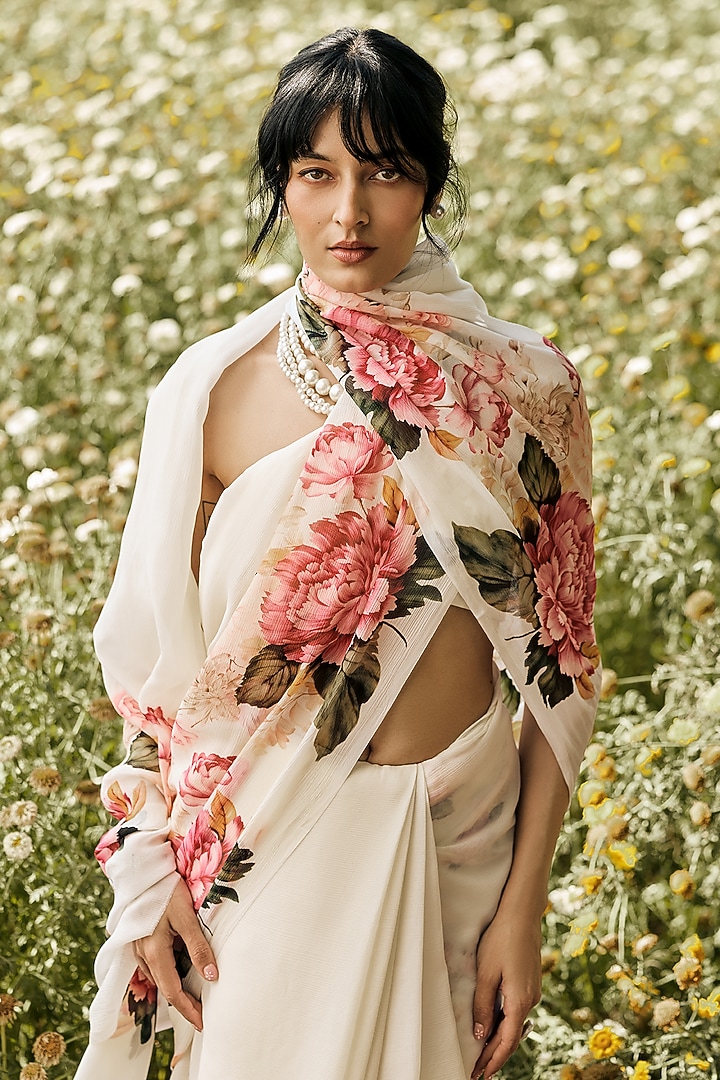 White Chiffon Floral Printed Party Wear Saree Set by Studio 113 at Pernia's Pop Up Shop