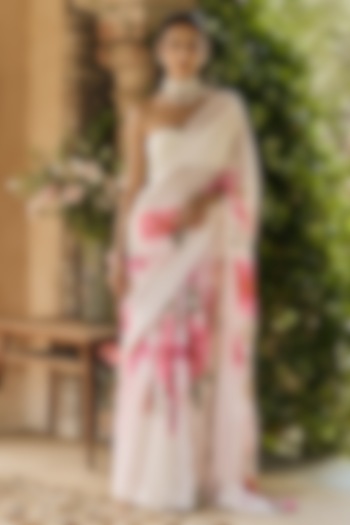 White Chiffon Floral Printed Party Wear Saree Set by Studio 113 at Pernia's Pop Up Shop