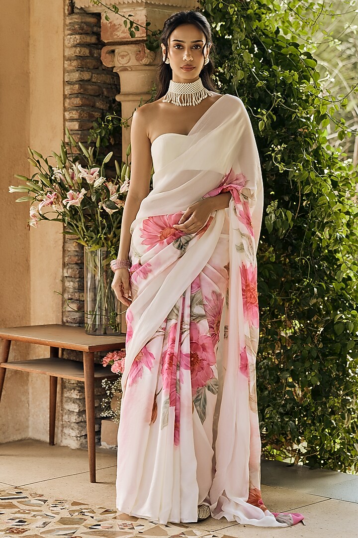 White Chiffon Floral Printed Party Wear Saree Set by Studio 113 at Pernia's Pop Up Shop