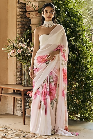 White Chiffon Floral Printed Saree Set by Studio 113
