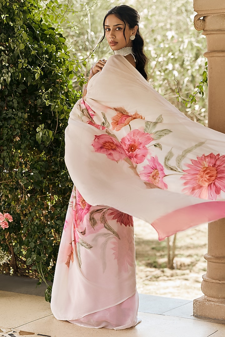 White Chiffon Floral Printed Party Wear Saree Set by Studio 113 at Pernia's Pop Up Shop