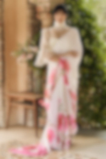 White Chiffon Floral Printed Party Wear Saree Set by Studio 113 at Pernia's Pop Up Shop