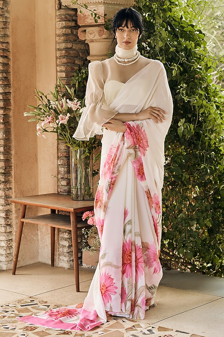 White Chiffon Floral Printed Party Wear Saree Set by Studio 113 at Pernia's Pop Up Shop