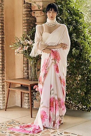 White Chiffon Floral Printed Saree Set by Studio 113