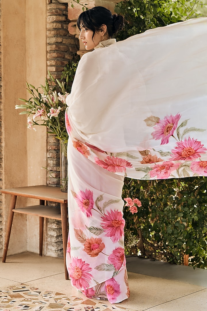 White Chiffon Floral Printed Party Wear Saree Set by Studio 113 at Pernia's Pop Up Shop