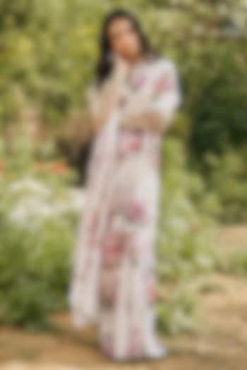 White Chiffon Floral Printed Party Wear Saree Set by Studio 113 at Pernia's Pop Up Shop