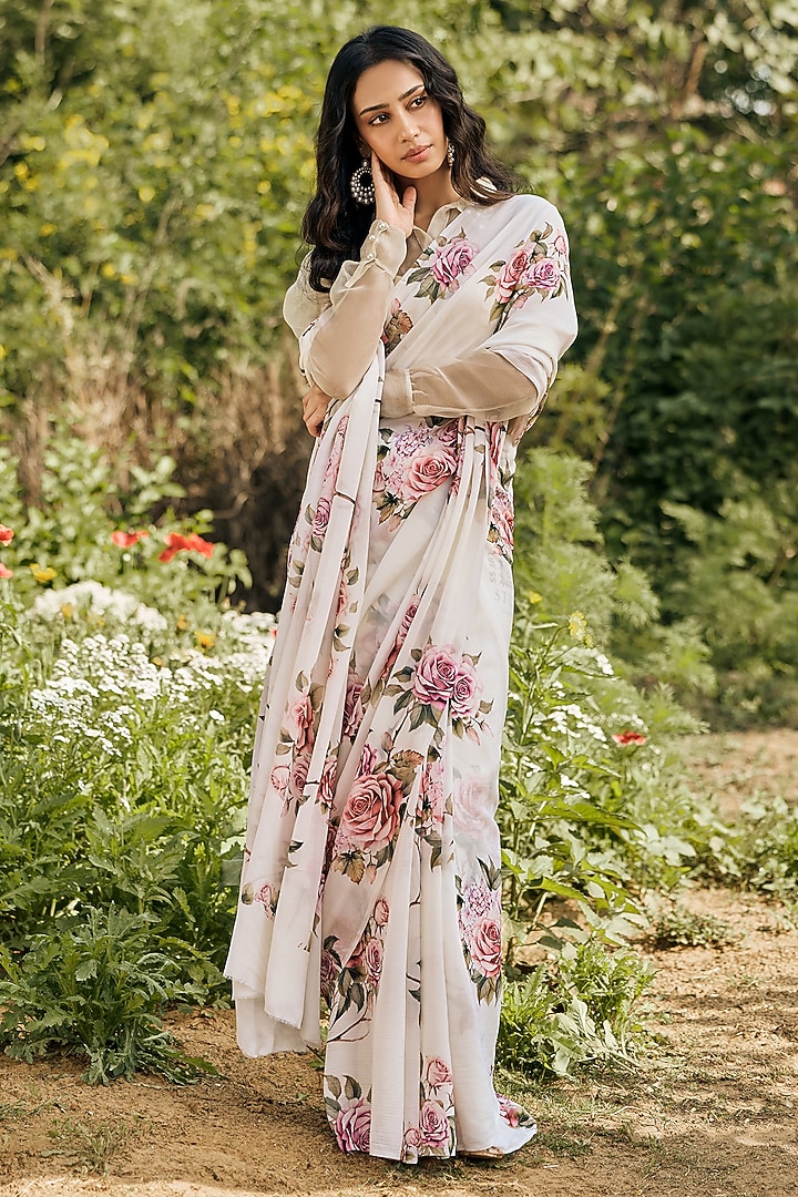 White Chiffon Floral Printed Party Wear Saree Set by Studio 113 at Pernia's Pop Up Shop