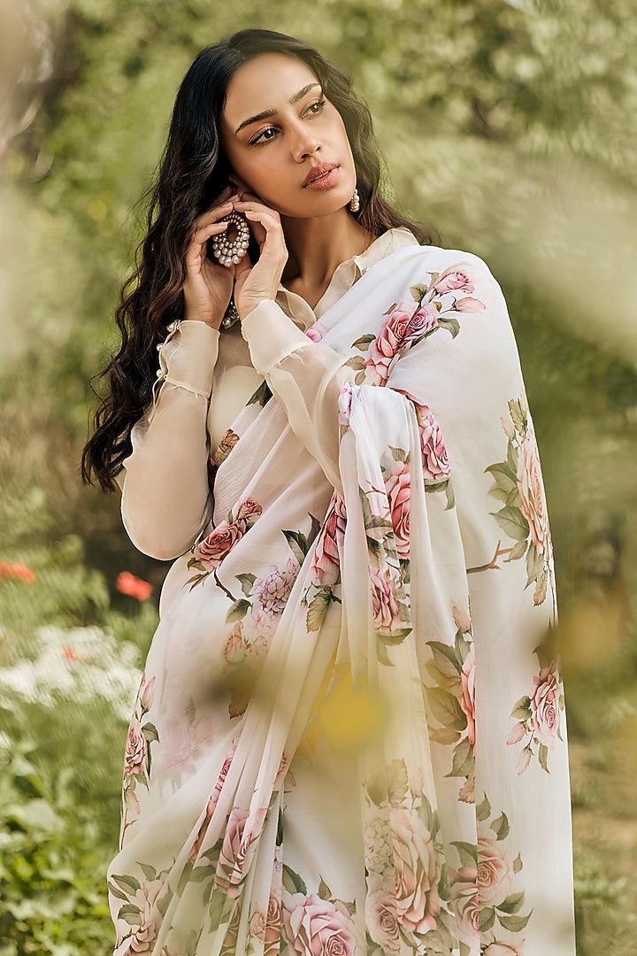 White Chiffon Floral Printed Party Wear Saree Set by Studio 113 at Pernia's Pop Up Shop
