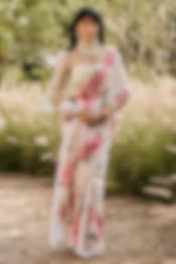 White Chiffon Floral Printed Party Wear Saree Set by Studio 113 at Pernia's Pop Up Shop