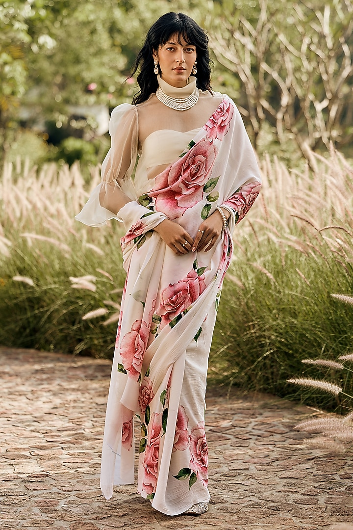 White Chiffon Floral Printed Party Wear Saree Set by Studio 113 at Pernia's Pop Up Shop