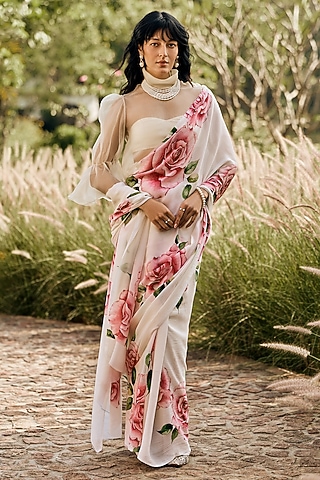 White Chiffon Floral Printed Saree Set by Studio 113