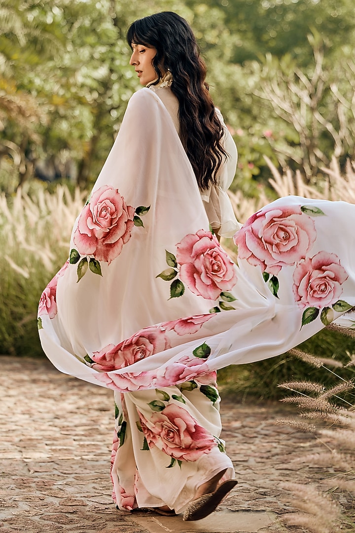 White Chiffon Floral Printed Party Wear Saree Set by Studio 113 at Pernia's Pop Up Shop