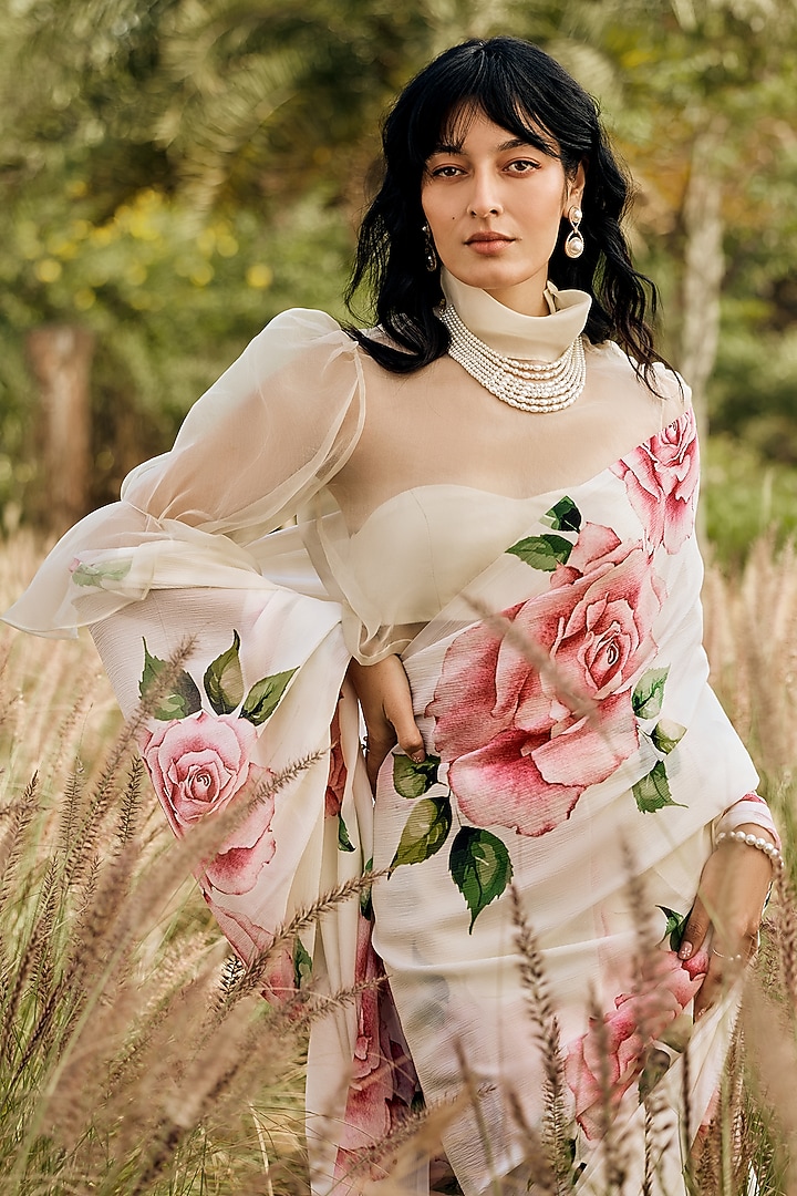 White Chiffon Floral Printed Party Wear Saree Set by Studio 113 at Pernia's Pop Up Shop
