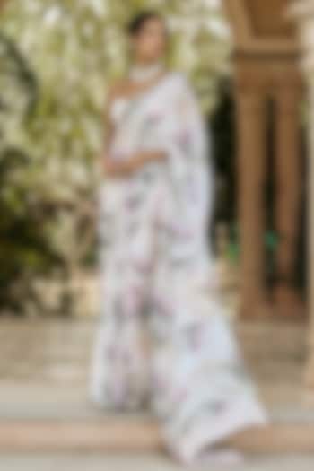 White Chiffon Floral Printed Party Wear Saree Set by Studio 113 at Pernia's Pop Up Shop